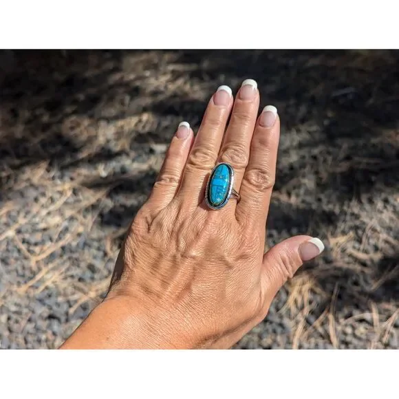 Navajo Ring Inlay Kingman Turquoise Tri-Cut Border Sterling‎ Sz 9.5**